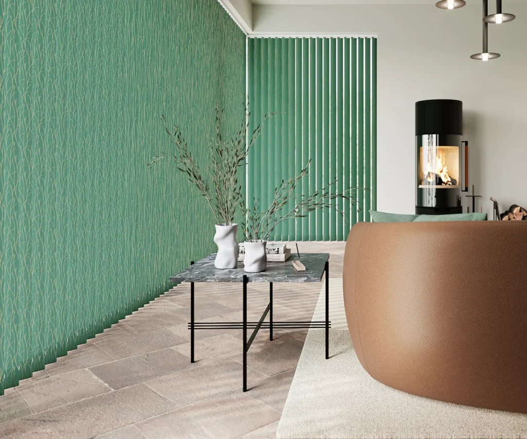 Oak-effect Venetian blinds and green vertical blinds in a room with a wood burning stove
