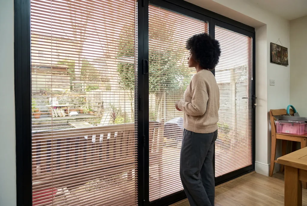 Woman looking out of patio doors fitted with Venetian blinds onto a garden