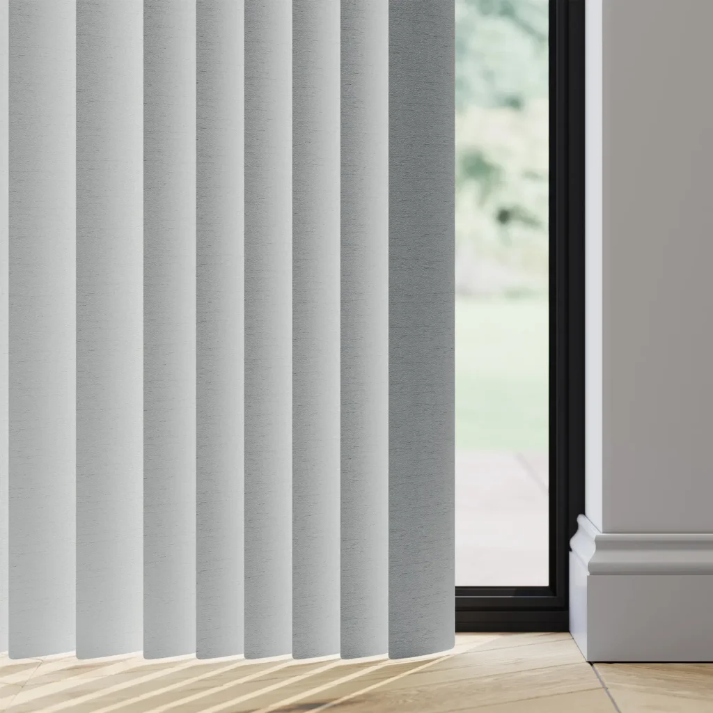 Close view of 89mm Durashade rigid PVC louvres in the Niro Flint finish