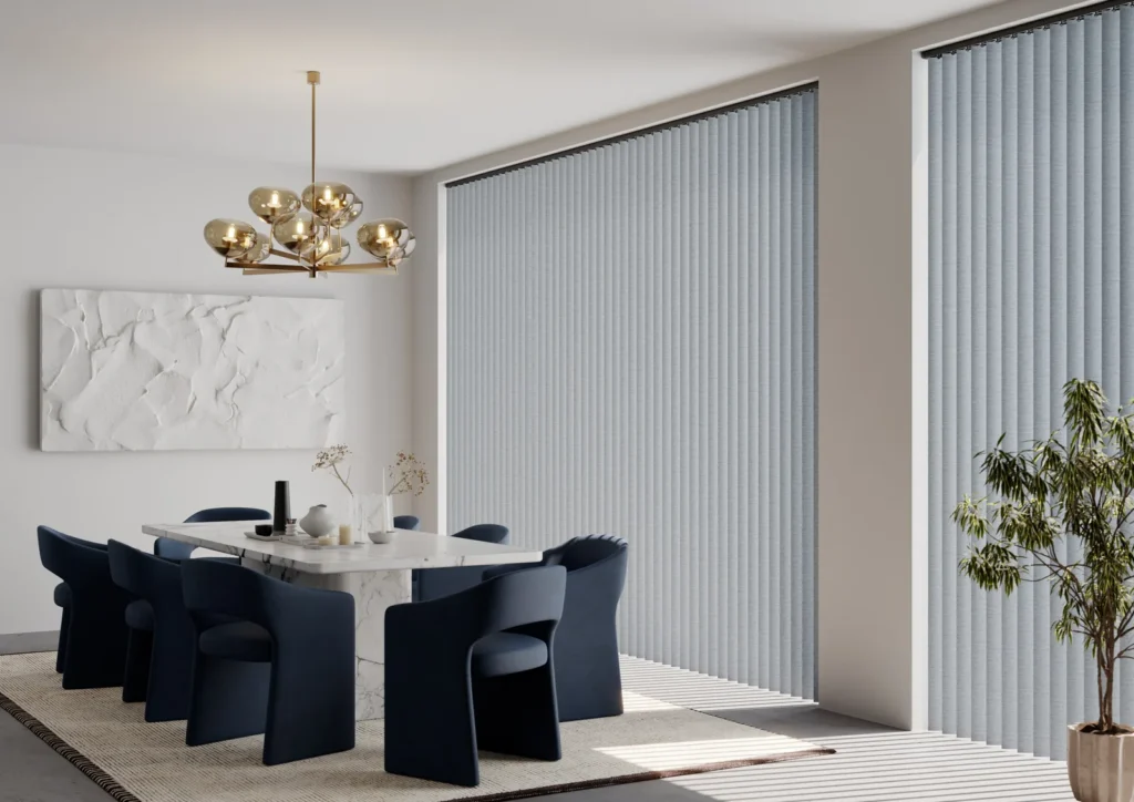 Durashade rigid PVC vertical blinds in a dining room with a pale table setting