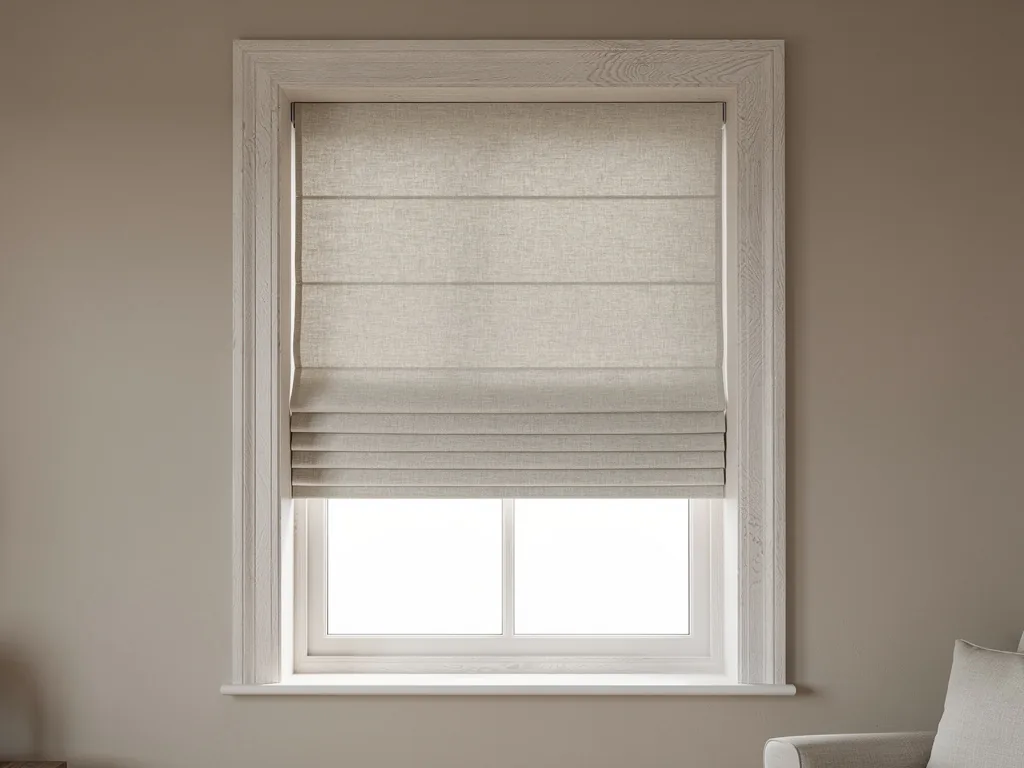 A plain oatmeal linen Roman blind stacked in even folds above a living room window